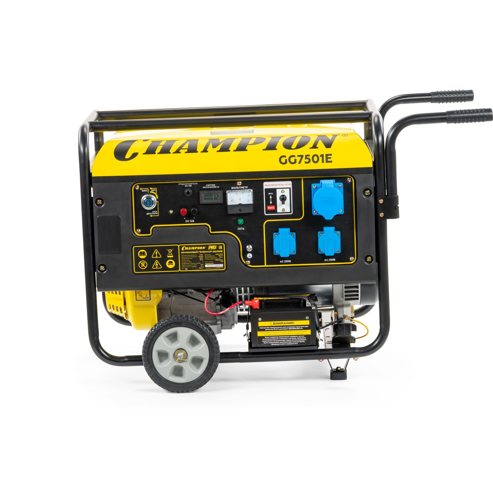 Генератор CHAMPION GG7501E (PRO 6/6,5кВт 15лс 25л 12В 83,3кг, эл.стартер, счетчик, колеса) (GG7501E)