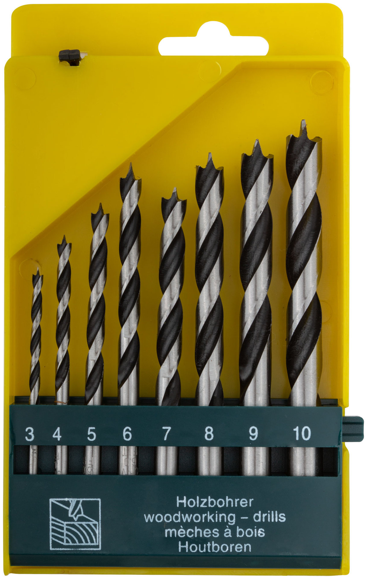 Набор сверл по дереву, CrV Профи, пластиковый бокс, 8 шт. (3-4-5-6-7-8-9-10 мм) (36100)