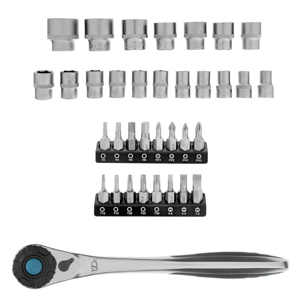 Набор торцевых головок, трещотка 120 зубьев, 1/2,3/8”, CrV, 36 предметов Gross