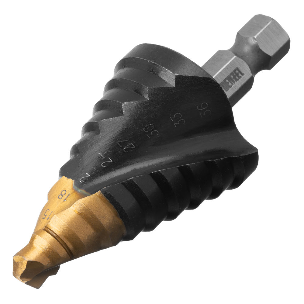 Сверло ступенчатое, 9-12-15-18-21-24-27-30-33-36 мм, Р6М5, 6-гр. хвостовик Denzel (723605)