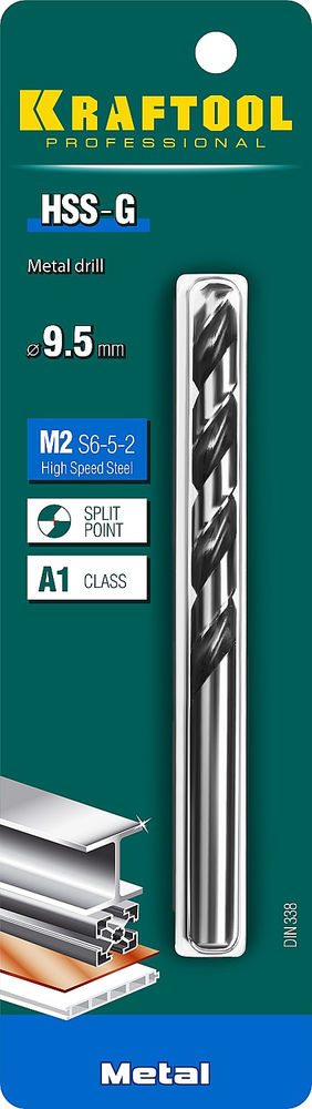 Сверло по металлу 9.5 х 125 мм сталь P6M5 HSS-G KRAFTOOL 29651-9.5