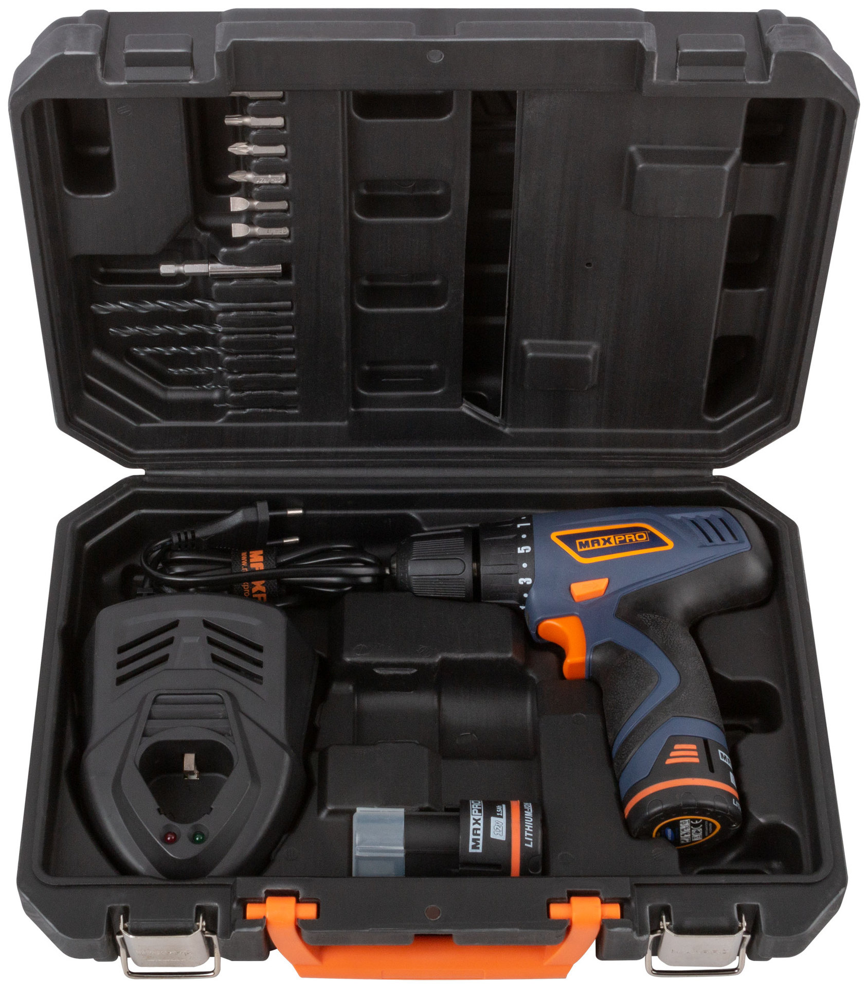 Дрель-Шуруповерт аккумуляторная 12 В; 0-350/0-1100об/мин; 10мм; 30Нм; 2 батареи (SAMSUNG Li-Ion)х1,5Ач; 17+1; 1ч.; регулировка оборотов MAX-PRO 85024