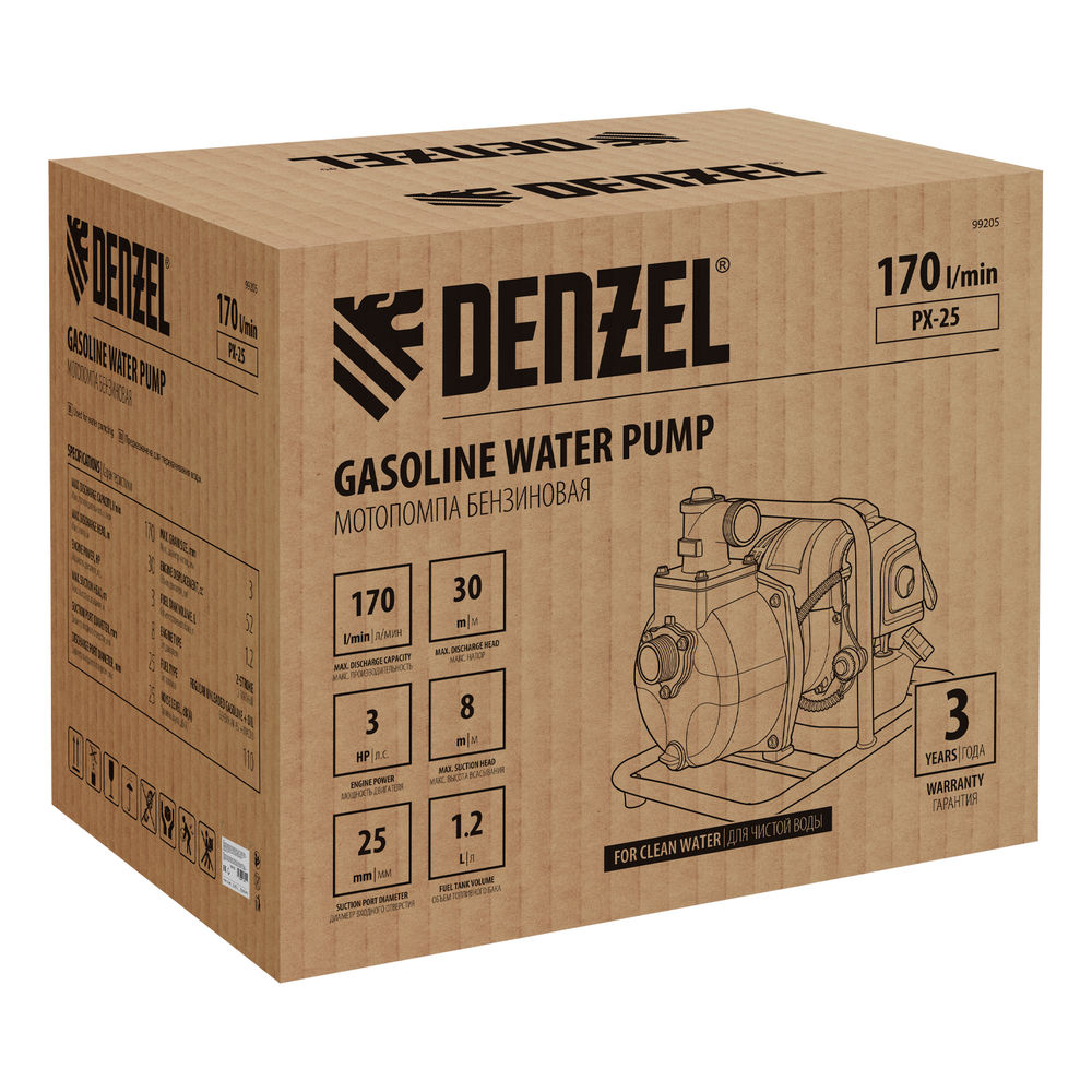 Мотопомпа бензиновая для чистой воды PX-25, 52 см3, 1, 170 л/мин, глуб 8 м, напор 30 м Denzel (99205)