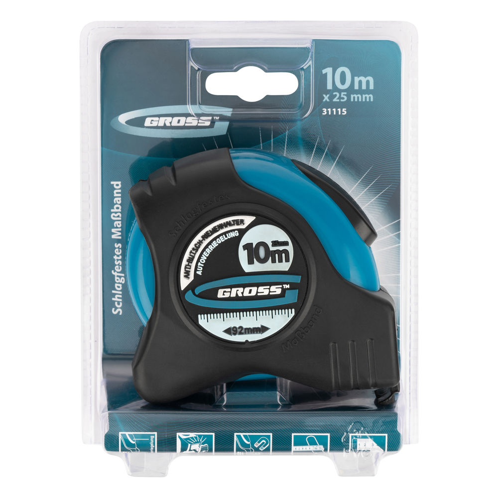 Рулетка Schlagfest,10 м x 25 мм,магнитный обрезиненный зацеп,двусторонняя шкала,автоматическая фиксация Gross
