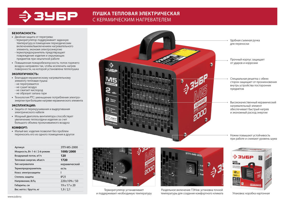 Тепловая пушка электрическая 2 кВт ЗУБР ЗТП-М5-2000