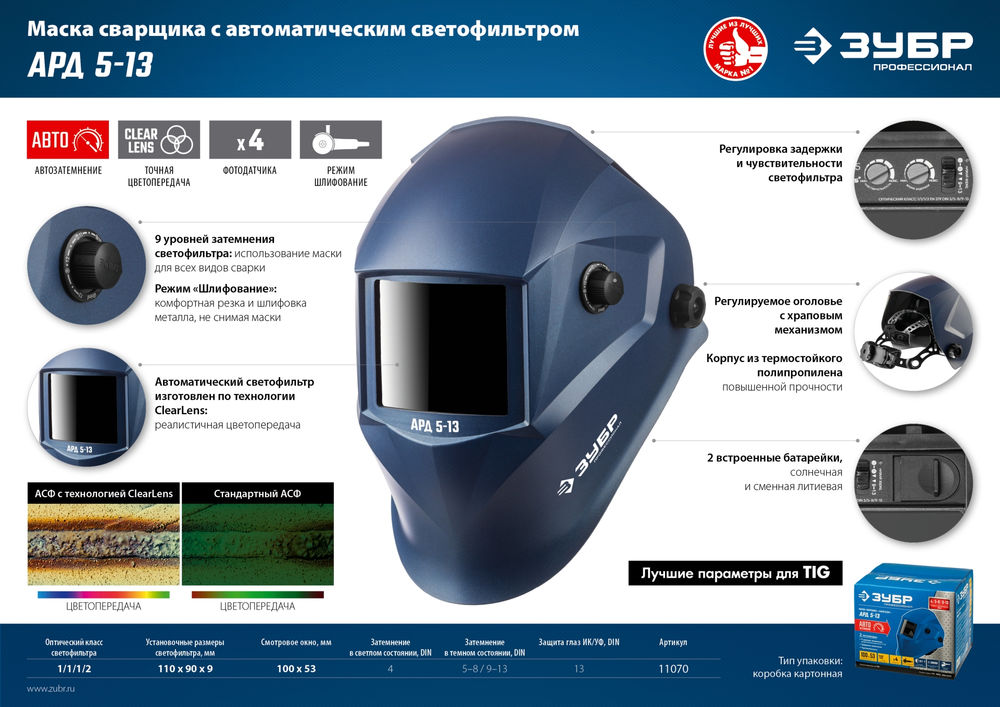 Маска сварщика хамелеон затемнение 4/5-8/9-13 ЗУБР АРД 5-13 Профессионал 11070
