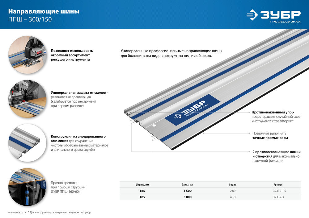 Шина направляющая ППШ-300 3000 мм ЗУБР Профессионал 32332-3