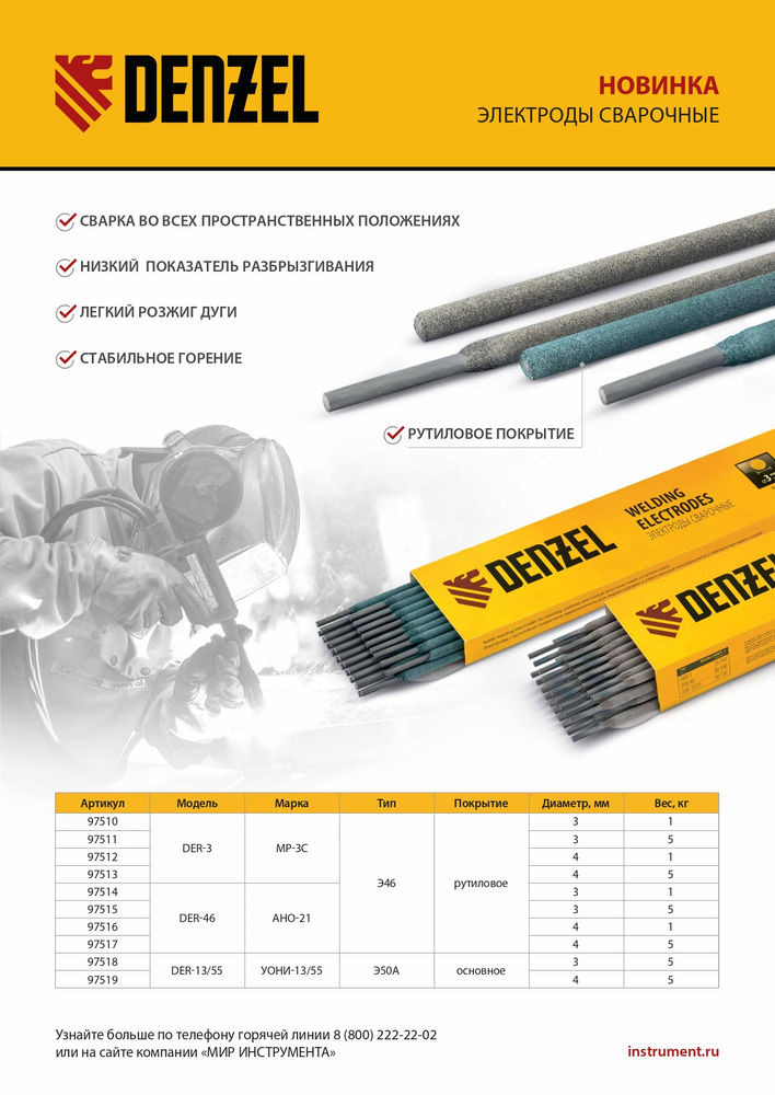Электроды DER-3, диам. 3 мм, 5 кг, рутиловое покрытие Denzel (97511)