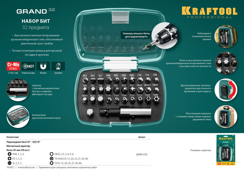 Набор бит Grand-32, с магнитным адаптером, 32 шт KRAFTOOL 26083-H32