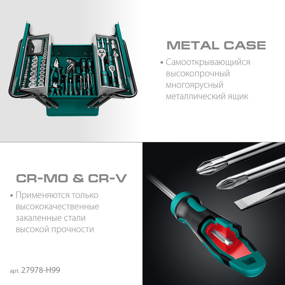 Набор инструмента универсальный 99 предм., (1/2+1/4) GRAND-99 KRAFTOOL 27978-H99