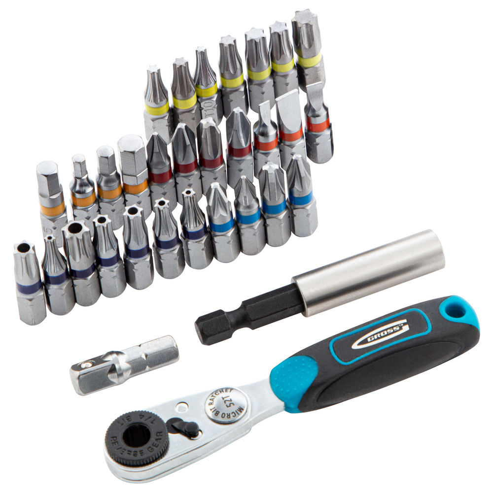 Набор бит, 1/4, магнитный адаптер, сталь S2, пластиковый кейс, 33 предмета Gross (11365)