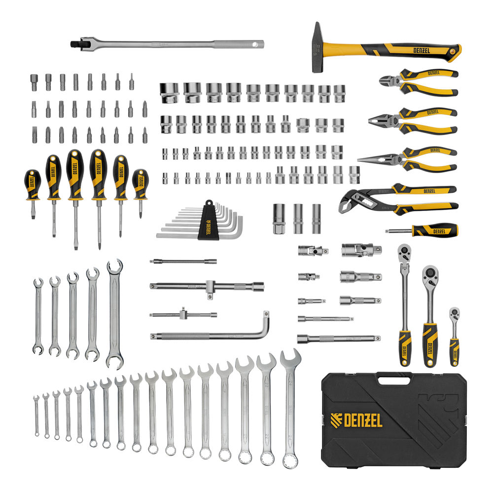 Набор инструментов, 1/2, 1/4, 3/8, CrV, S2, пластиковый кейс, 144 предмета Denzel