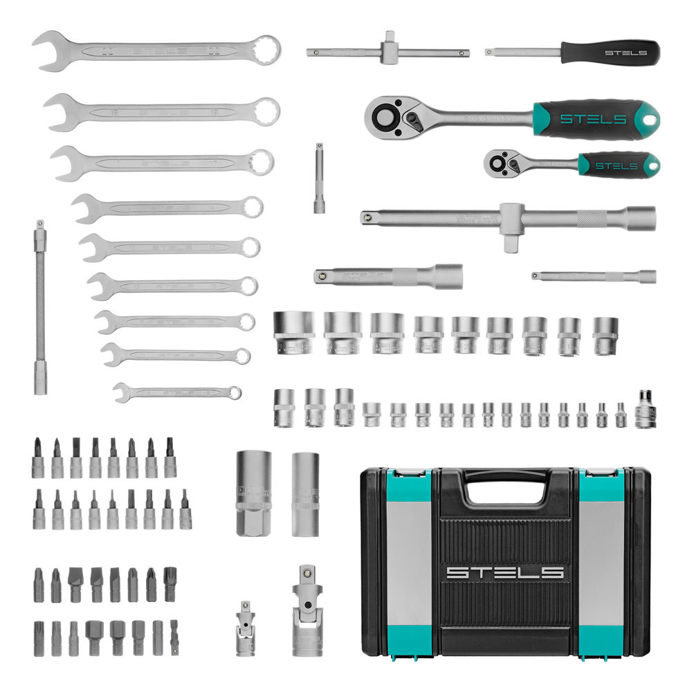 Набор инструментов, 1/2, 1/4, CrV, пластиковый кейс 82 предмета Stels