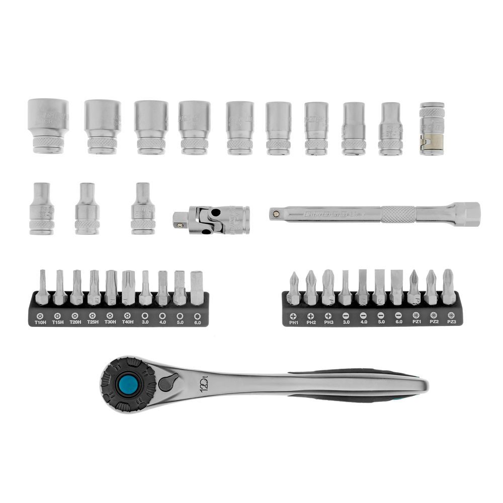 Набор торцевых головок, трещотка 120 зубьев, 1/4, CrV, 36 предметов Gross