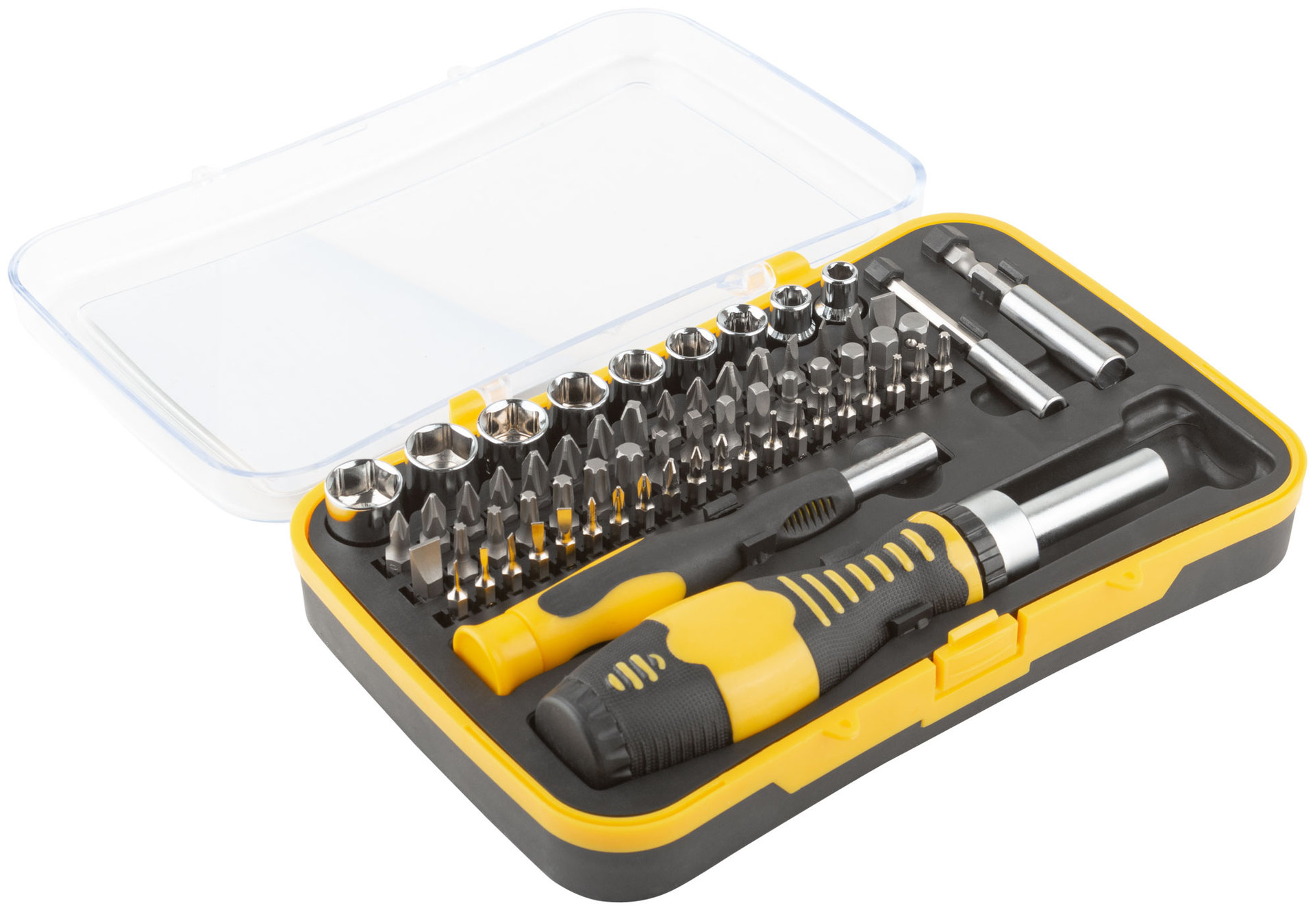 Отвертки реверсивная и для точных работ, набор 65 шт., пластиковый прорезиненный кейс (56387)