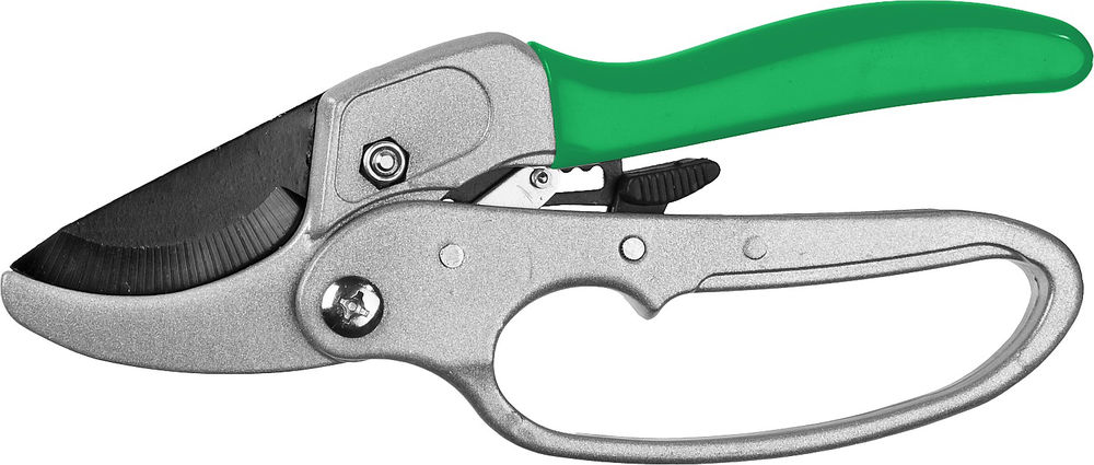 Контактный секатор 200 мм, углеродистая сталь, храповый механизм, с эфесом, с алюминиевыми рукоятками, покрытие ПВХ РОСТОК PC-33 423008_z01