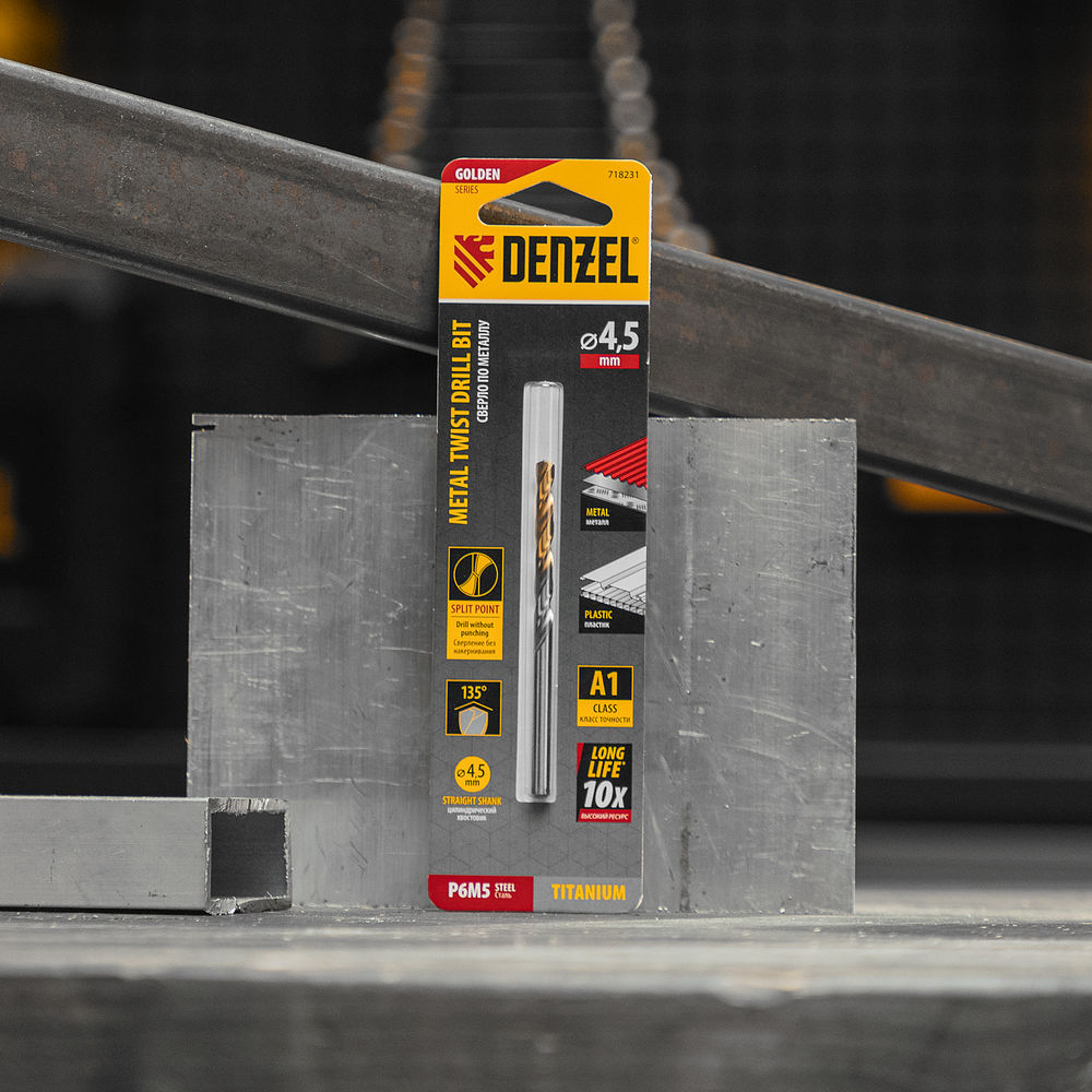 Сверло спиральное по металлу 4,5 x 80 мм, Р6М5, Golden Tip Denzel (718231)