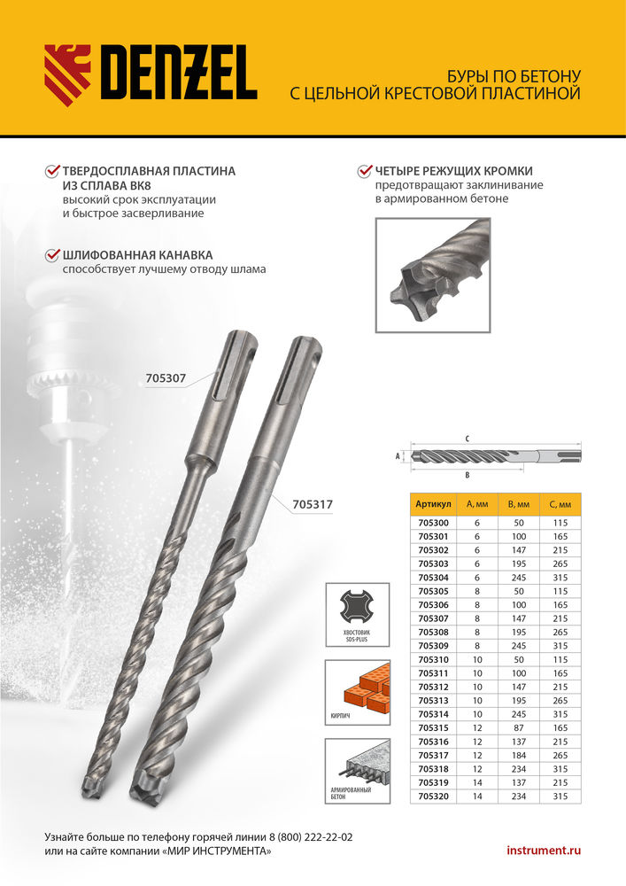 Бур по бетону, цельная крестовая пластина, 8x315 мм, SDS PLUS Denzel (705309)