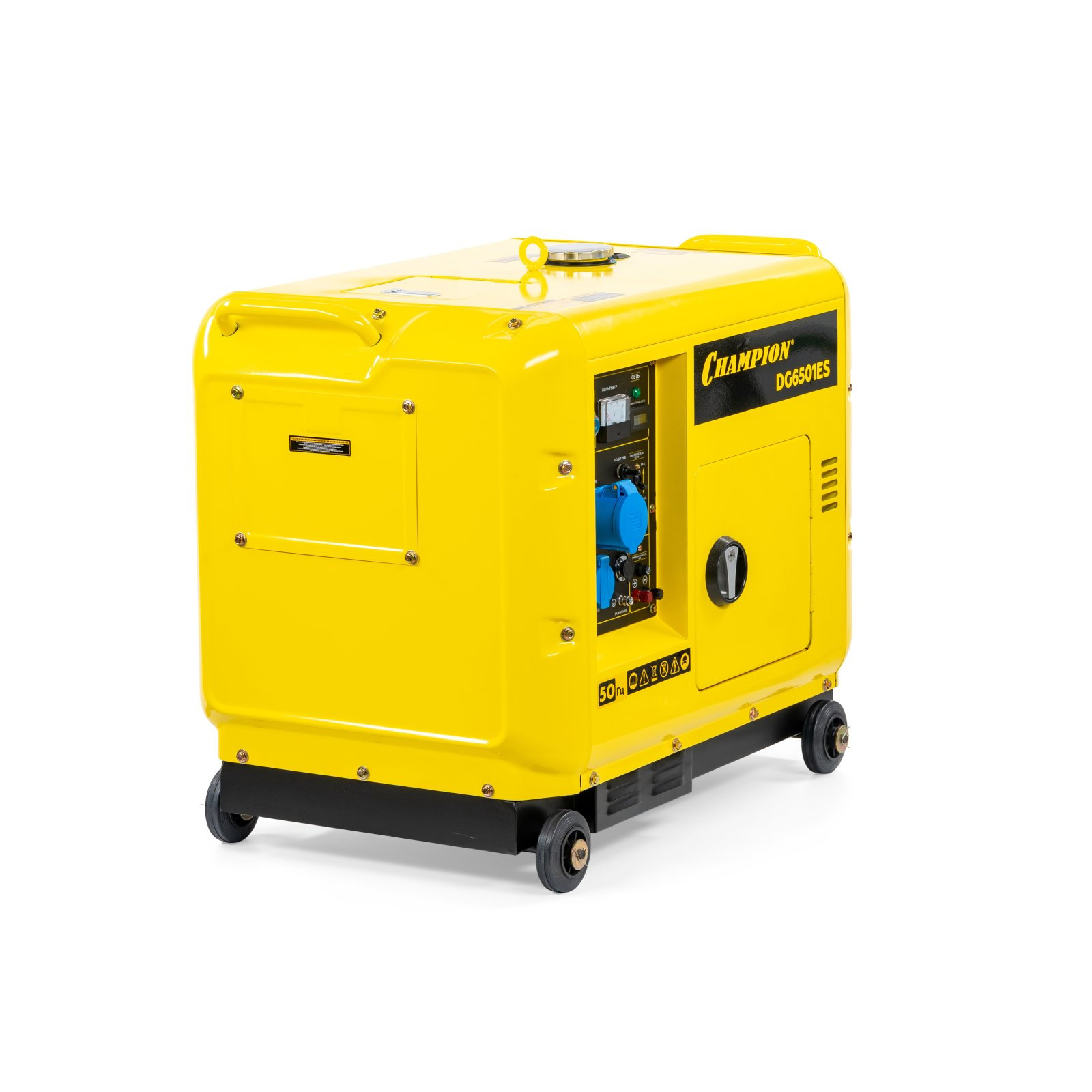 Генератор диз. CHAMPION DG6501ES+ATS (5/5,5кВт 8,9лс 16л 12V 160кг эл.стартер,колеса,счетчик,кожух) (DG6501ES)