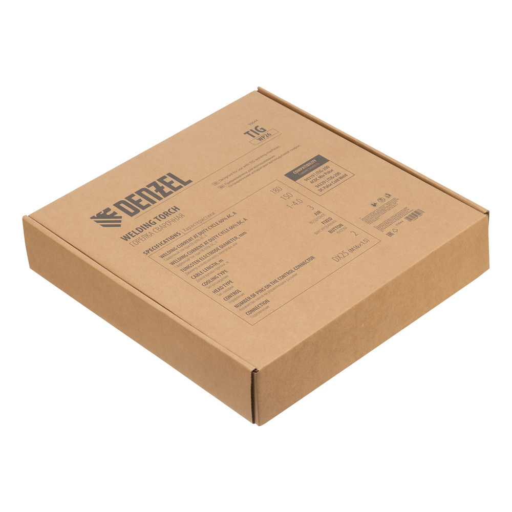 Горелка сварочная TIG WP26, разъем 2 пина, 3 метра Denzel (93644)