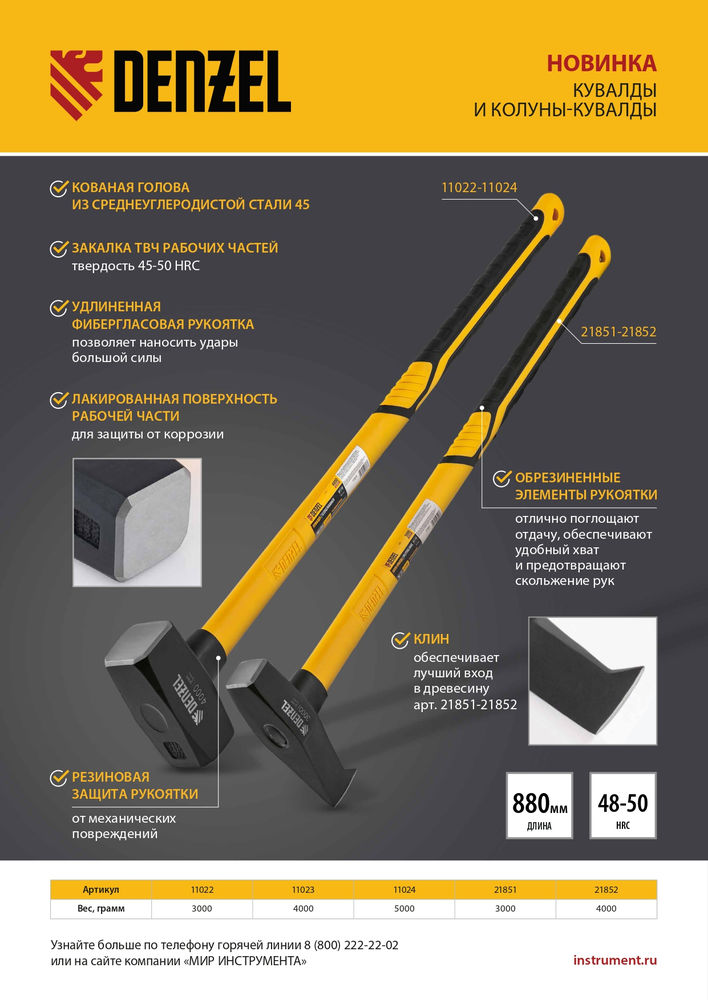 Колун-кувалда 3000 г, кованая, фибергласовая  рукоятка c TPR покрытием, 880 мм Denzel