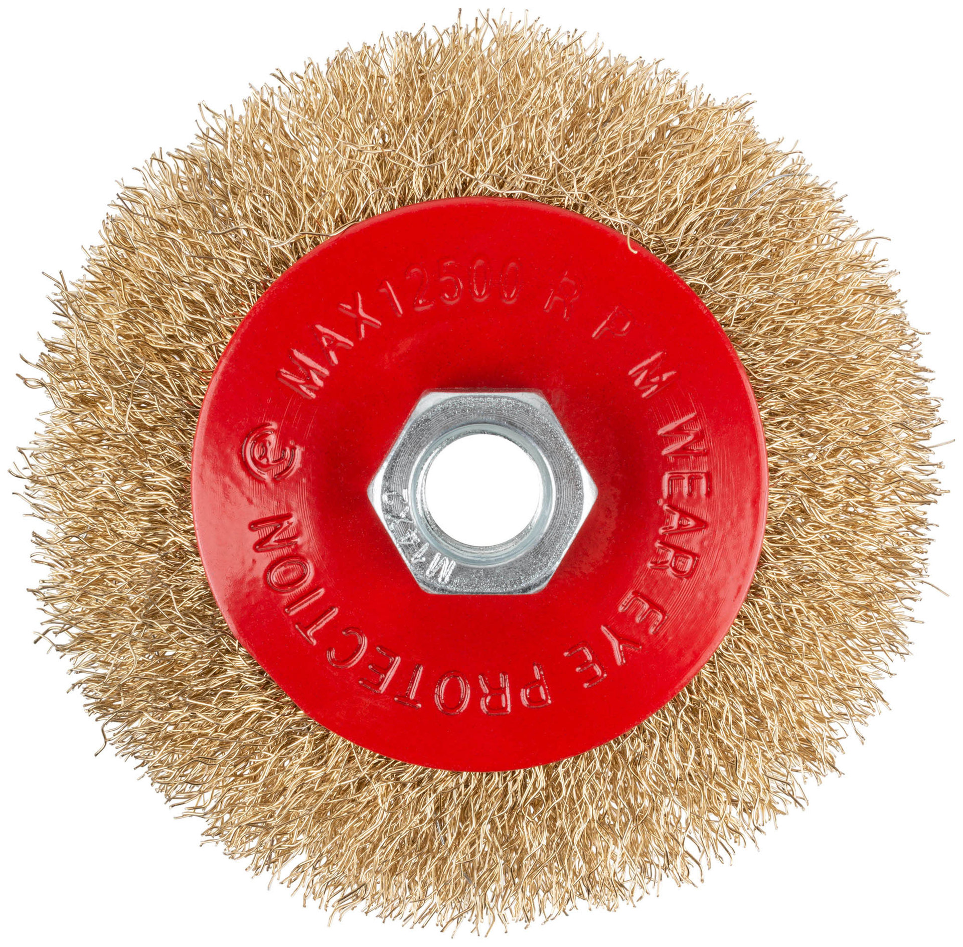 Корщетка-колесо с наклоном, гайка М14, стальная латунированная волнистая проволока 100 мм, блистер (39083)