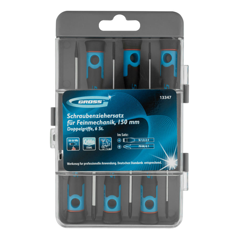 Набор отверток для точной механики, CrMo, двухкомпонентные рукоятки, 6 шт, пластиковый бокс Gross (13347)