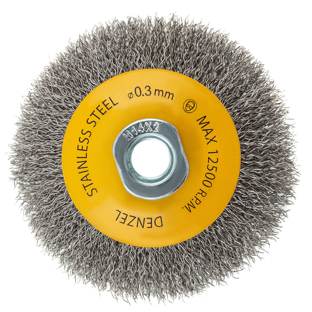 Щетка для УШМ, 100 мм, Тарелка, витая нержавеющая проволока 0.3 мм, М14 Denzel (746083)