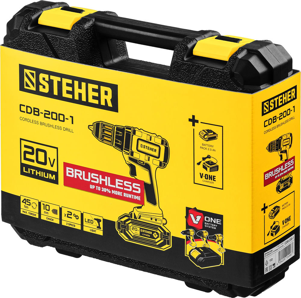 Дрель-шуруповерт бесщеточная 20 В, 45 Н·м, 1 АКБ (2 А·ч), кейс V1 STEHER CDB-200-1