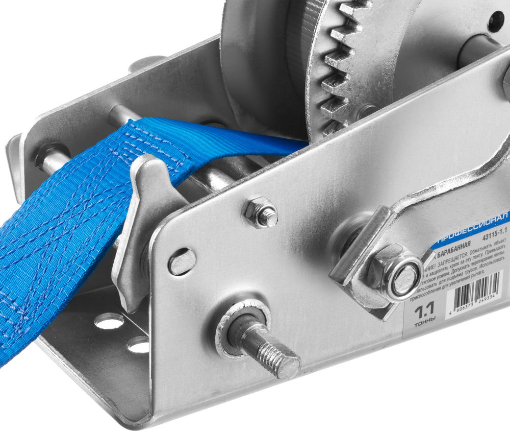 Лебёдка ручная барабанная тяговая ленточная 1.1 т, 10 м ЗУБР Профессионал 43115-1.1