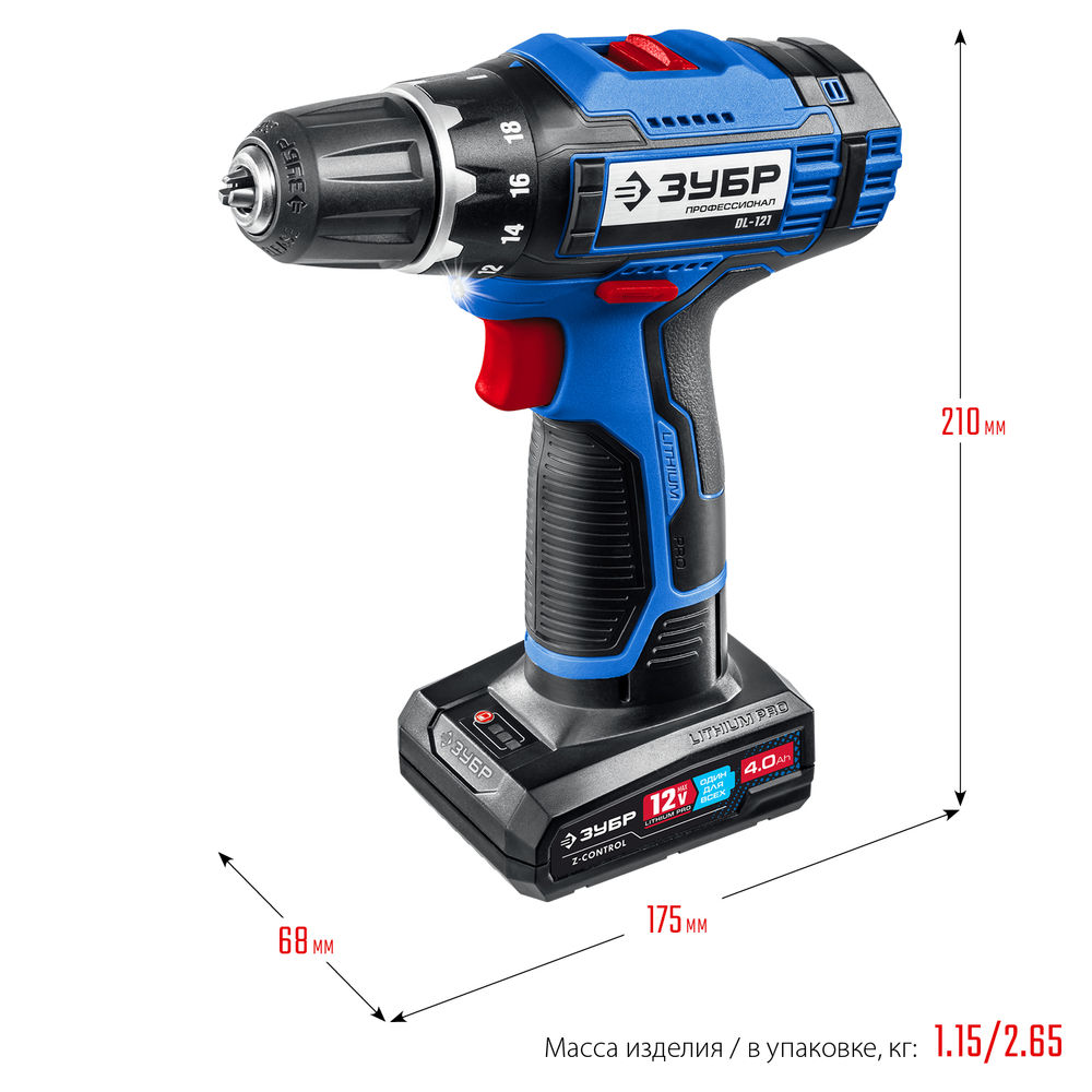 Дрель-шуруповерт 12 В 40 Н·м 2 АКБ тип Т7 4 А·ч сумка Профессионал ЗУБР DL-121-42