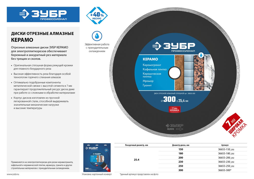 Диск алмазный сплошной Керамо-25 d 180 мм, 25.4 мм, 7 x 2.2 мм ЗУБР Профессионал 36655-180_z02