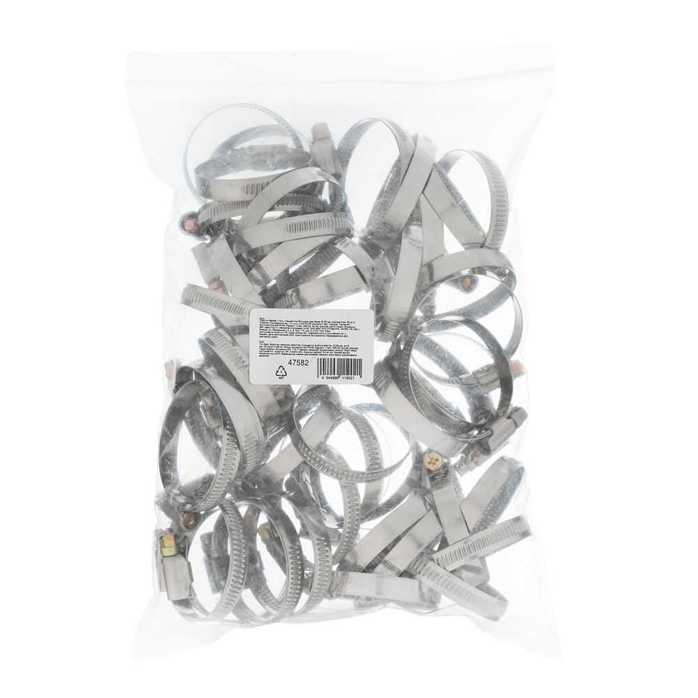 Хомуты нержавеющая сталь, Стандартное болтовое крепление 32-50 мм, 50 штук в упаковке, ширина 9 мм Сибртех (47582)