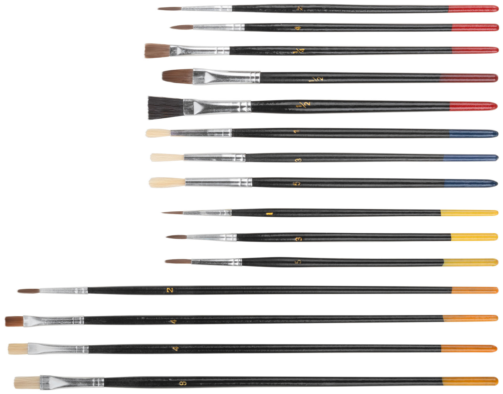 Кисти художественные, натуральная щетина, деревянная ручка, плоские и круглые, набор 15 шт. (01535)