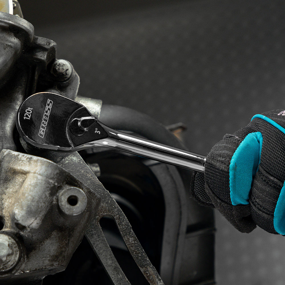 Ключ-трещотка 3/8, CrV, 120 зубьев, цельнометаллический, хром Gross