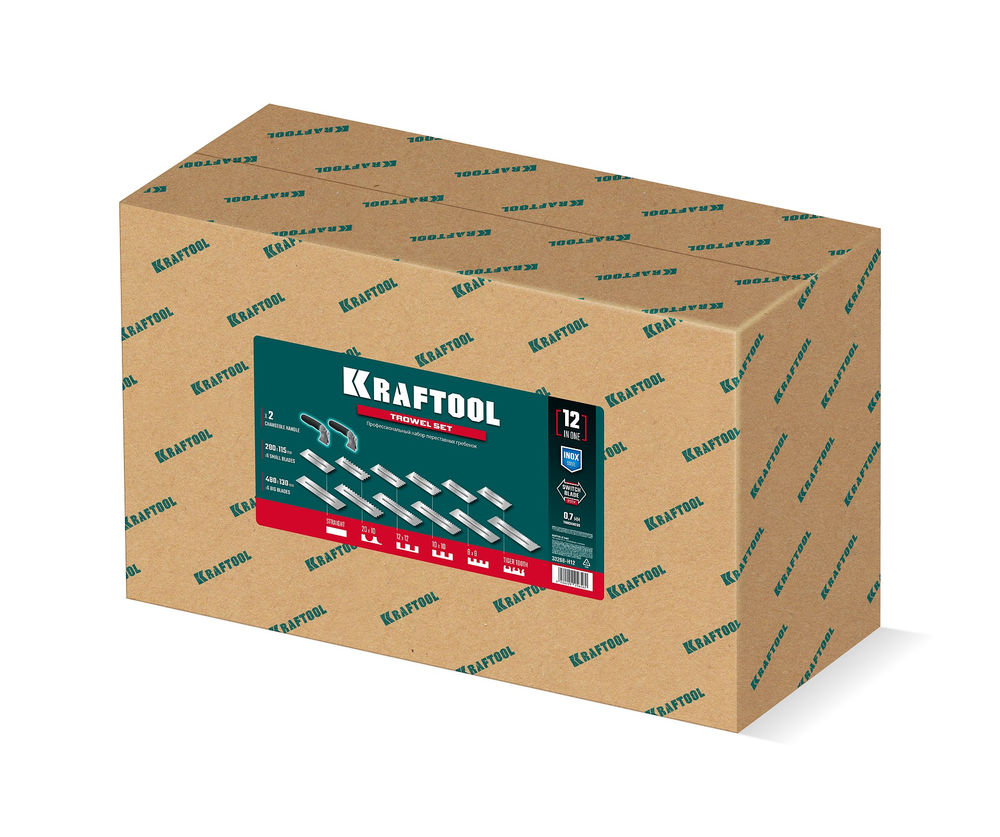 Набор нержавеющих гребенок со сменной 2к ручкой, в пластиковом кейсе, 280х115 мм (6шт) – 480х130 мм (6шт) KRAFTOOL 33268-H12