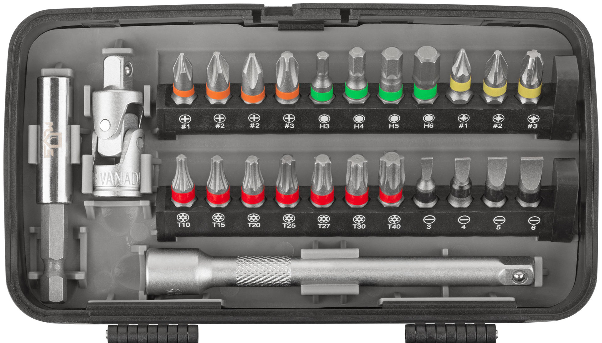 Мини-набор инструмента (биты, головки, вороток, удлинитель), 38 шт., пластиковый кейс (65000М)