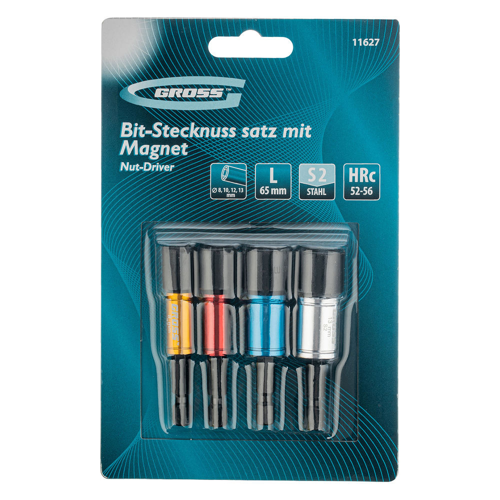 Набор бит с торцевыми головками 8, 10,12, 13 мм, магнит. Nut-Driver, S2 Gross (11627)