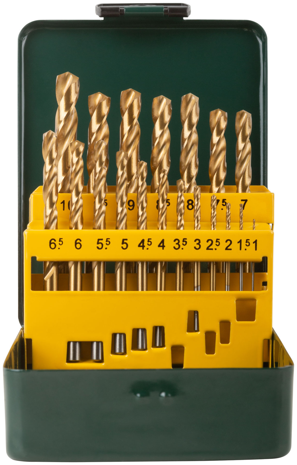 Набор сверл HSS по металлу, титановое покрытие, 19 шт. (1-10 мм), металлический бокс (34219)