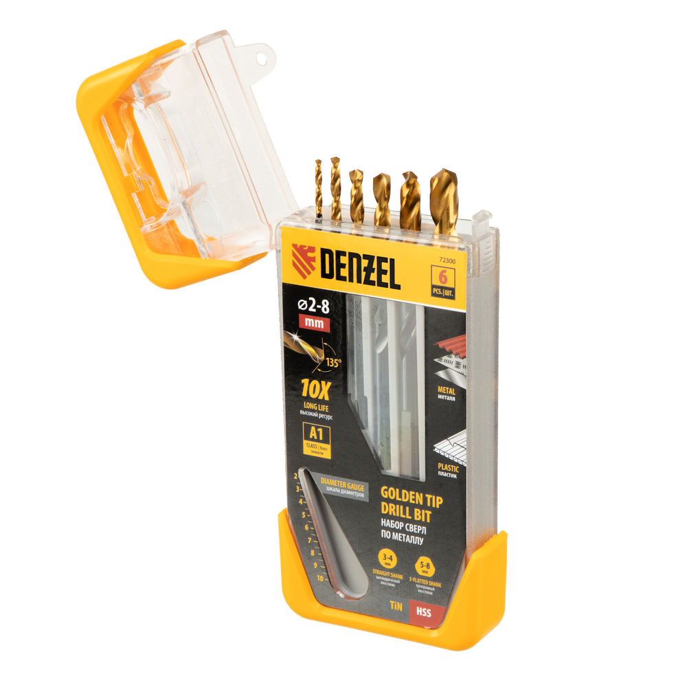 Набор сверл по металлу, 2-3-4-5-6-8 мм, HSS-Tin, Golden Tip, 6 шт Denzel (72300)
