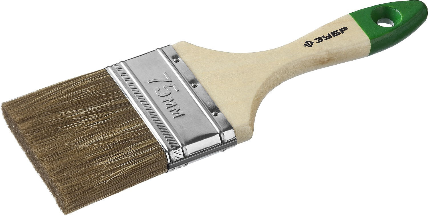 Плоская кисть ЛАЗУРЬ, 75 мм, 3, светлая смешанная щетина, деревянная ручка ЗУБР 4-01009-075