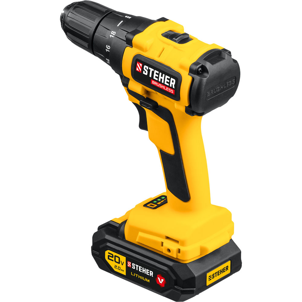 Дрель-шуруповерт бесщеточная 20 В, 45 Н·м, 2 АКБ (2 А·ч), кейс V1 STEHER CDB-200-2