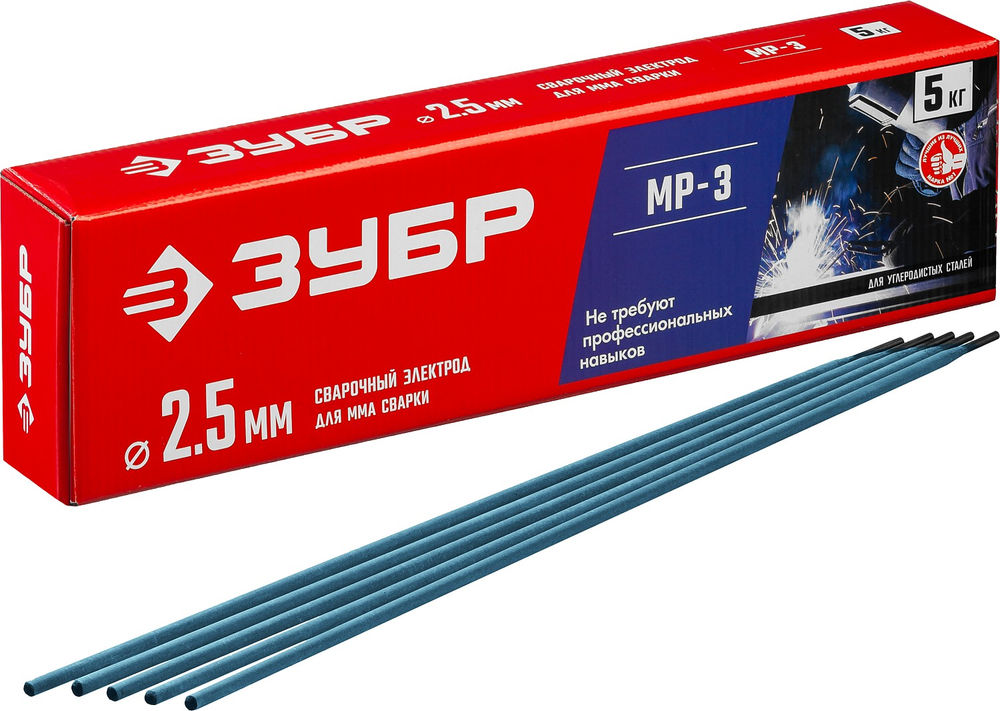 Электрод сварочный МР-3 рутиловый D 2.5 x 350 мм, 5 кг в коробке ЗУБР 40015-2.5