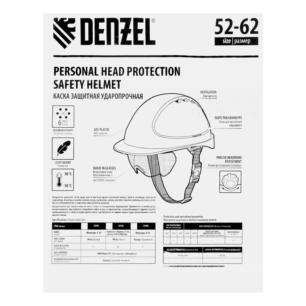 Каска защитная ударопрочная, ABS/PC, плавная регулировка, модель «Форвард» (К-05)белая Denzel (89204)