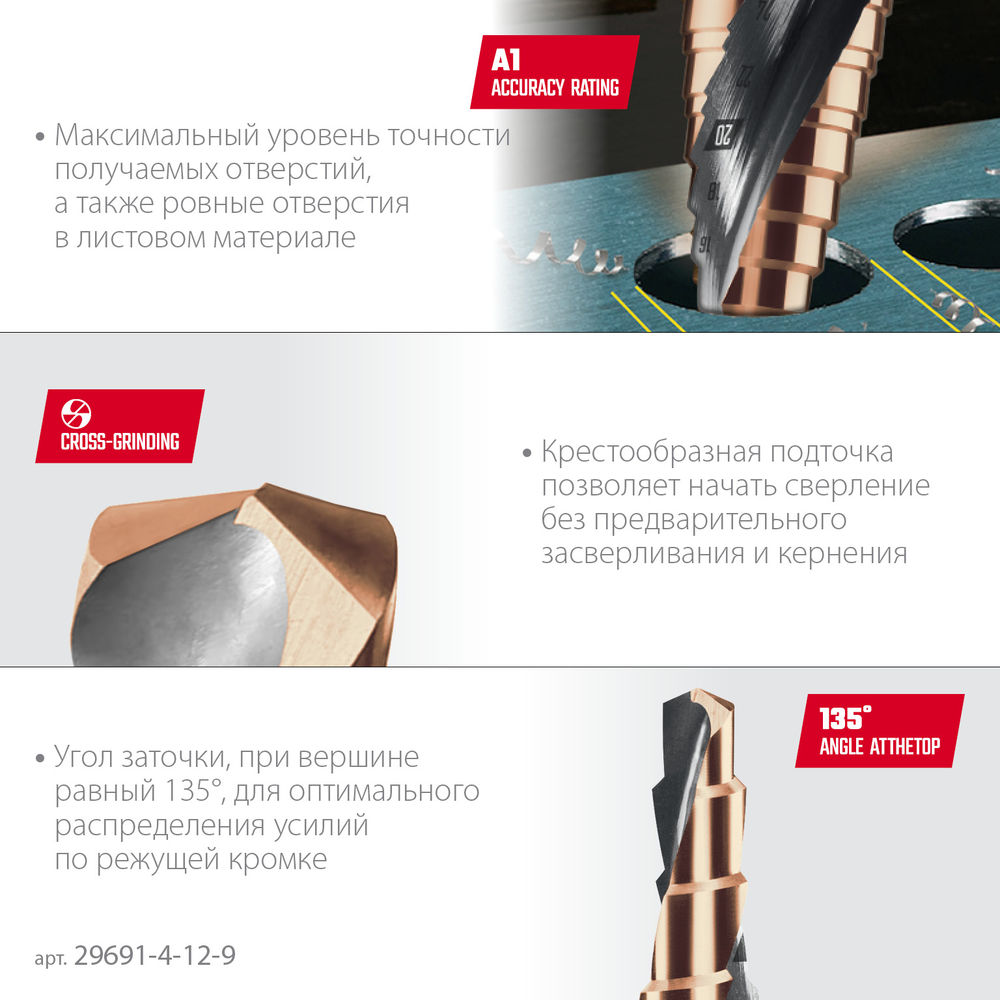 Сверло ступенчатое COBALT, 4–12 мм, 9 ступеней, азотирование, винтовая спираль KRAFTOOL 29691-4-12-9