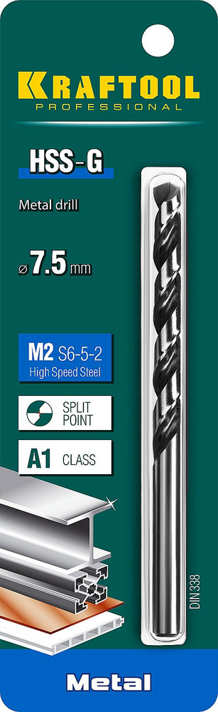 Сверло по металлу 7.5 х 109 мм сталь P6M5 HSS-G KRAFTOOL 29651-7.5