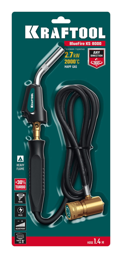 Газовая горелка Blue Fire KS-8000, со шлангом 1.4 м, с пьезоподжигом на баллон, турбо нагрев + 30%, 2000°C KRAFTOOL 55512