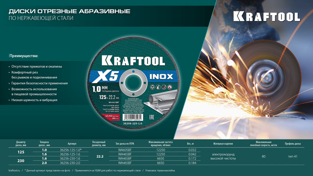 Отрезной диск для УШМ X5 INOX, 125x1.0 мм, по нерж. стали KRAFTOOL 36256-125-1.0
