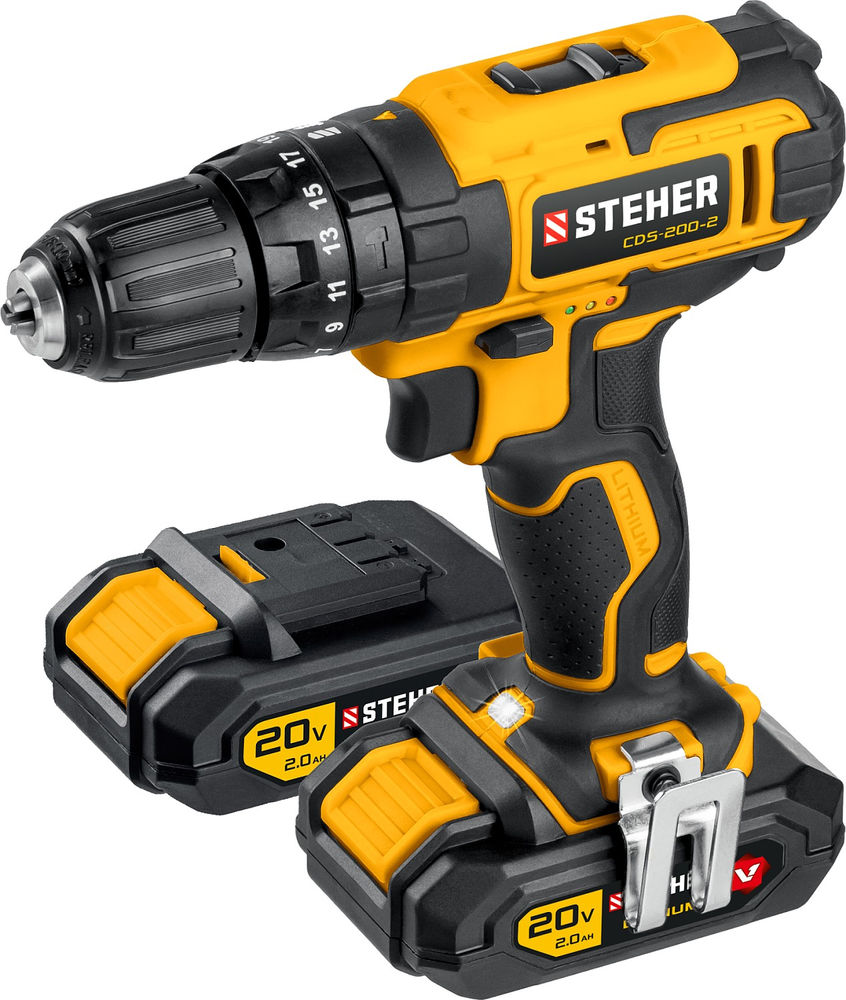 Дрель-шуруповерт ударная 20 В, 40 Н·м, 2 АКБ (2 А·ч), кейс V1 STEHER CDS-200-2