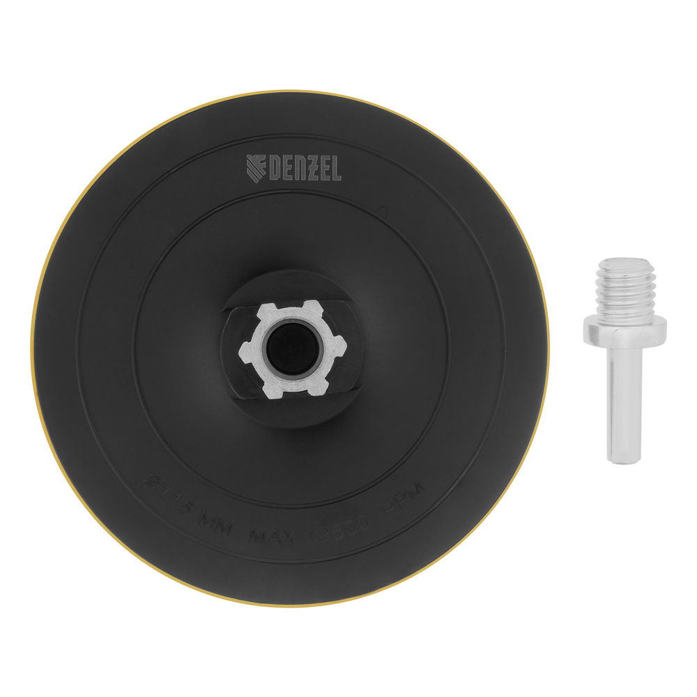 Тарелка опорная для дрели и УШМ с липучкой, 115 мм, твердая, с адаптером c М14 на d8 Denzel (76253)